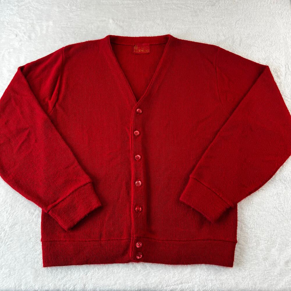 Sears Men’s store Vintage Red Cardigan Sweater size Large Acrylic